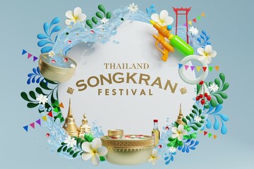 3d Songkran festival background in thailand water festival 3d with with blue water splash,thai architecture. ( Translation thai : Songkran Thailand )
