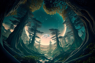 Gigantic alien trees surrounding an exoplanet forest, landscape. Generative AI