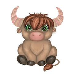 Cute baby bull illustration. Hand drawn watercolor illustration of a little cartoon baby buffalo girl. Design for nursery wall art, textile, greeting cards, invitations, wallpapers.