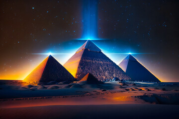 Luminous rays around the Egyptian pyramids, signals to space to alien civilizations. Generative AI - obrazy, fototapety, plakaty