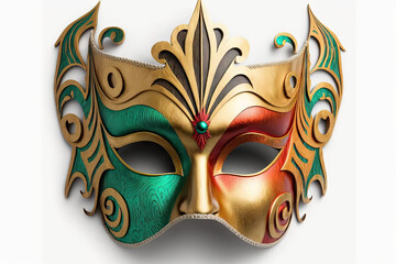 Colorful Golden Wooden Mardi Gras Mask  Illustration On White Background