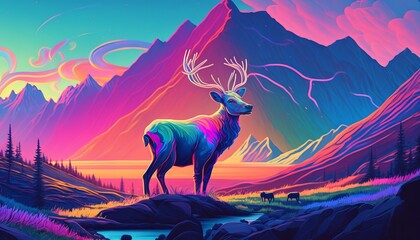 Mountain landscape with a reindeer in the foreground. Digital painting. Generative AI