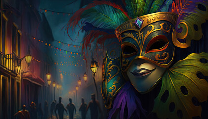 Fototapeta na wymiar Illustration Of A Carnival Mask With Feathers On A City Street Mardi Gras Festival