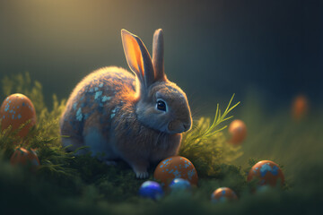 Rabbit Easter background template with Easter eggs - Greetings and presents for Easter Day - Copy Space - Generative AI