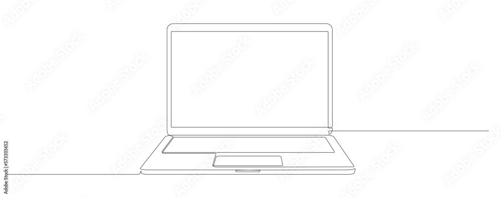 Poster laptop continuous line drawing. open computer linear gadget. vector illustration isolated on white.