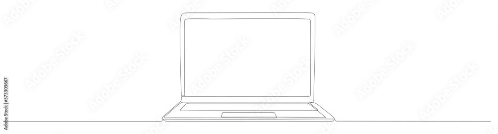 Poster laptop continuous line drawing. open computer linear gadget. vector illustration isolated on white.