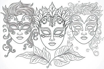 Line Art Illustration On White Background Womans Wearing Mardi Gras Mask