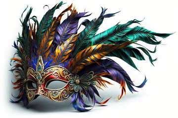 Colorful Phenix Mardi Gras Mask Illustration With Feathers On White Background