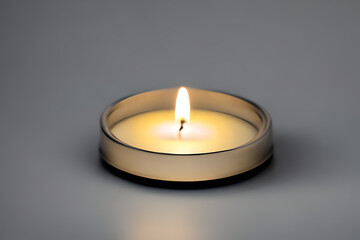 Fototapeta na wymiar An isolated candle in a glass plate on grey background. Aromatherapy candle.