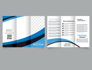 Trifold brochure with blue and black curved lines. - obrazy, fototapety, plakaty