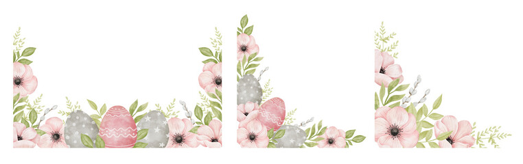 Watercolor Happy Easter borders and corners set. Colored eggs and flower anemone. Religion decor. Design elements. Spring catholic holiday clipart.