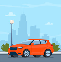 Fototapeta na wymiar Red modern Suv car, side view. Modern urban landscape with high-rise buildings skyscrapers on background. Vector illustration.