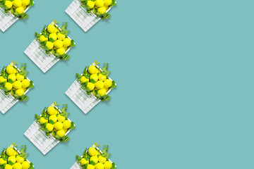 Tennis background. Sport composition with yellow, tennis balls in a white, wooden boxes with green...