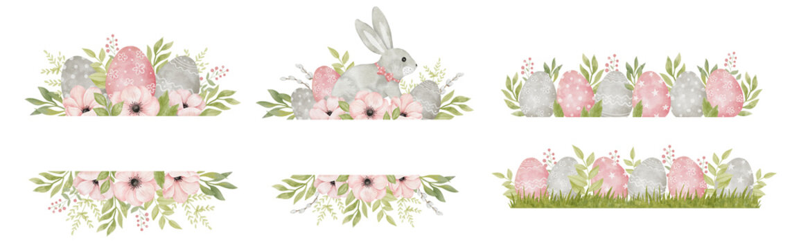 Watercolor Happy Easter borders set. Colored eggs and flower anemone. Religion decor. Design elements. Spring catholic holiday clipart.