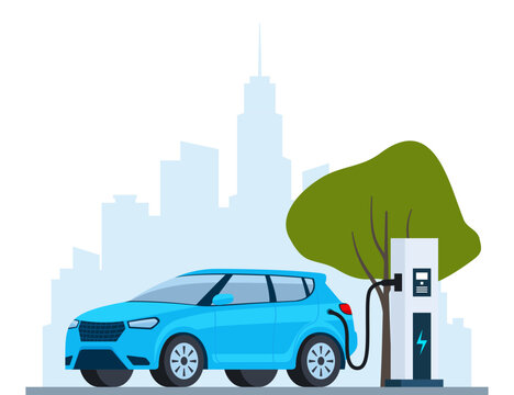 Electric car charging, side view. Modern urban landscape with high-rise buildings skyscrapers. Ecologically clean transport, eco-city. Vector illustration.