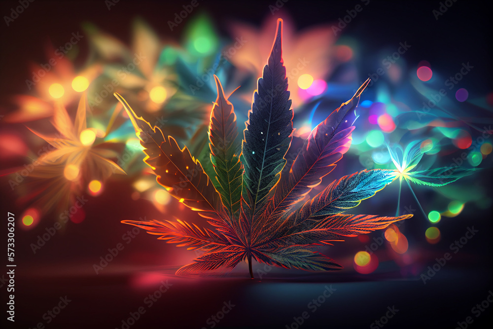 Aufkleber beautiful abstract illustrations cannabis leaf with lights on a bright bokeh background.