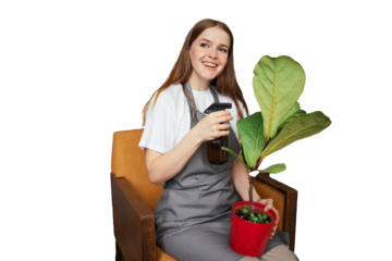 Florist woman caring for plants employee isolated transparent background, png.