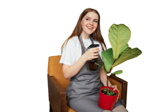Florist woman caring for plants employee isolated transparent background, png. - Powered by Adobe