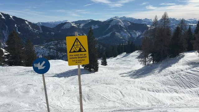 safety warning sign in alpine ski resort