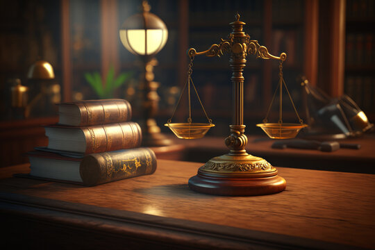 Symbol of Justice: Judge's Gavel and Golden Balance on a Wooden Lawyer Table, with Library Background, Generative AI