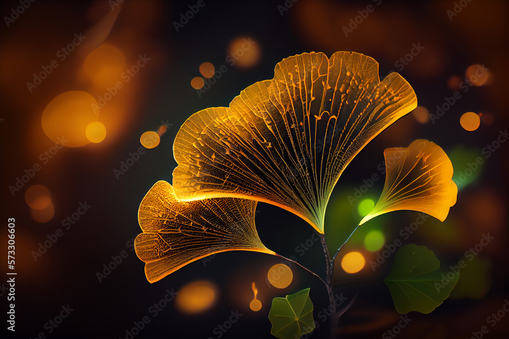 Poster beautiful abstract illustrations ginkgo biloba leaf with lights on a bright bokeh background.