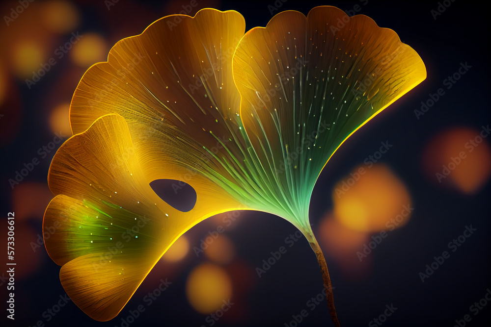 Poster beautiful abstract illustrations ginkgo biloba leaf with lights on a bright bokeh background.