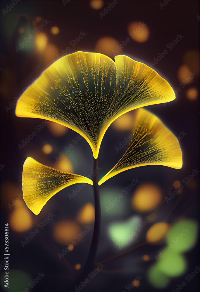 Poster beautiful abstract illustrations ginkgo biloba leaf with lights on a bright bokeh background.