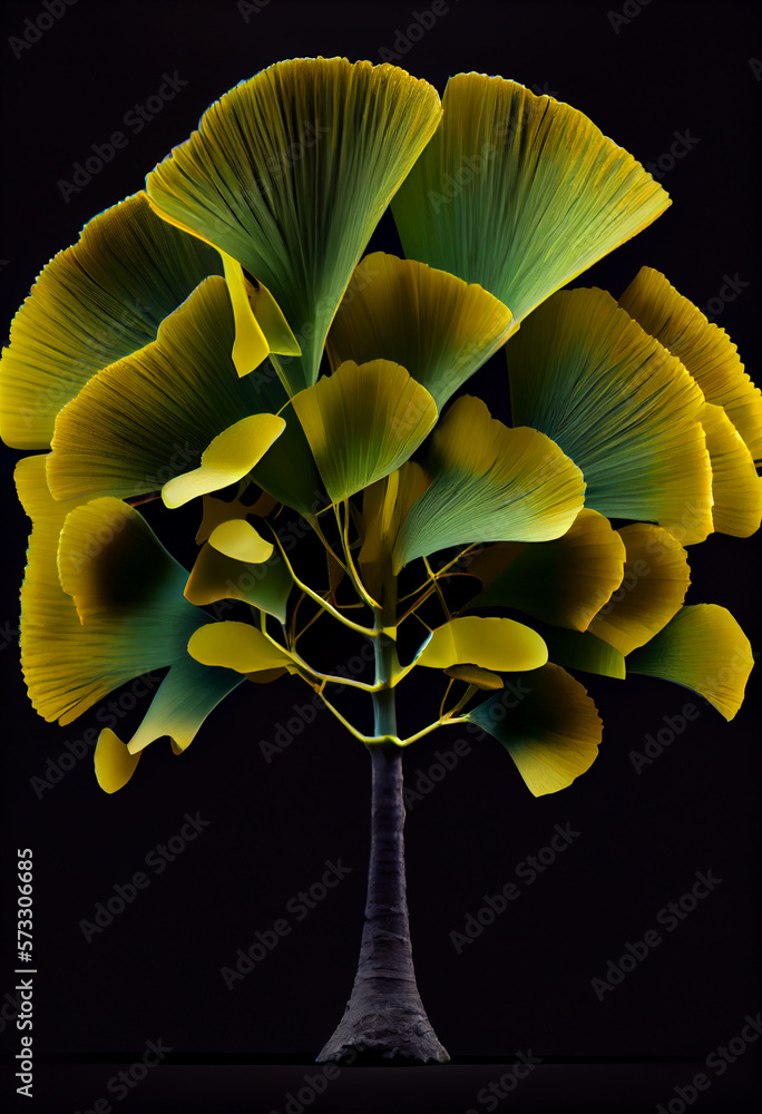 Poster beautiful abstract illustrations ginkgo biloba leaf with lights on a bright bokeh background.