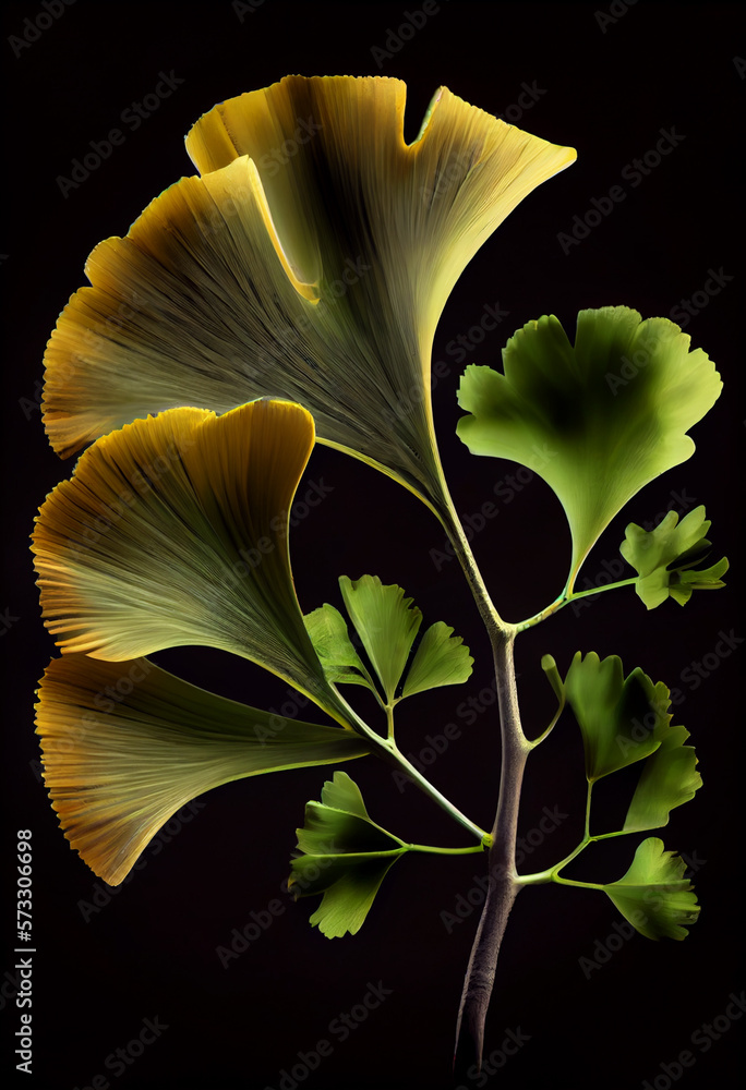 Poster beautiful abstract illustrations ginkgo biloba leaf with lights on a bright bokeh background.