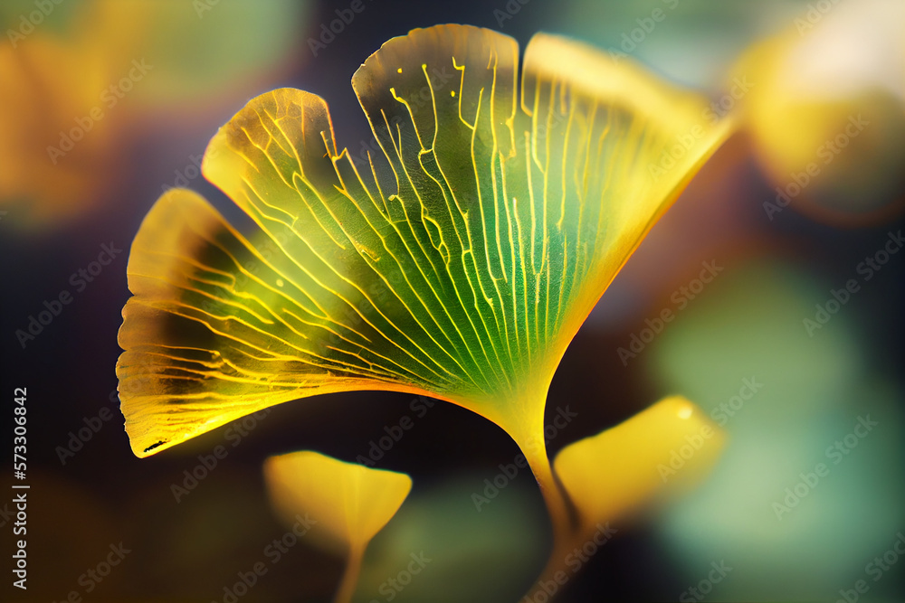Poster beautiful abstract illustrations ginkgo biloba leaf with lights on a bright bokeh background.