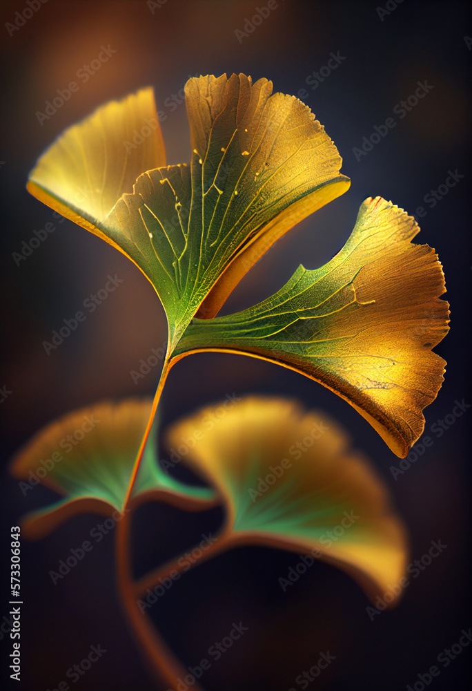 Poster beautiful abstract illustrations ginkgo biloba leaf with lights on a bright bokeh background.