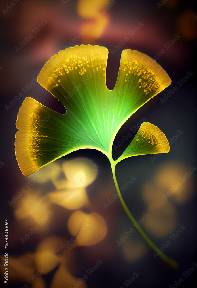 Poster beautiful abstract illustrations ginkgo biloba leaf with lights on a bright bokeh background.