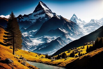 Matterhorn in den Schweizer Bergen, Landschaft, Schweizer Landschaft, einladend, friedlich, generative AI