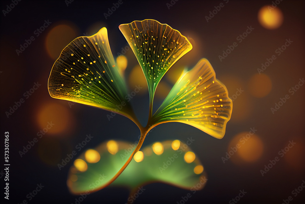 Poster beautiful abstract illustrations ginkgo biloba leaf with lights on a bright bokeh background.