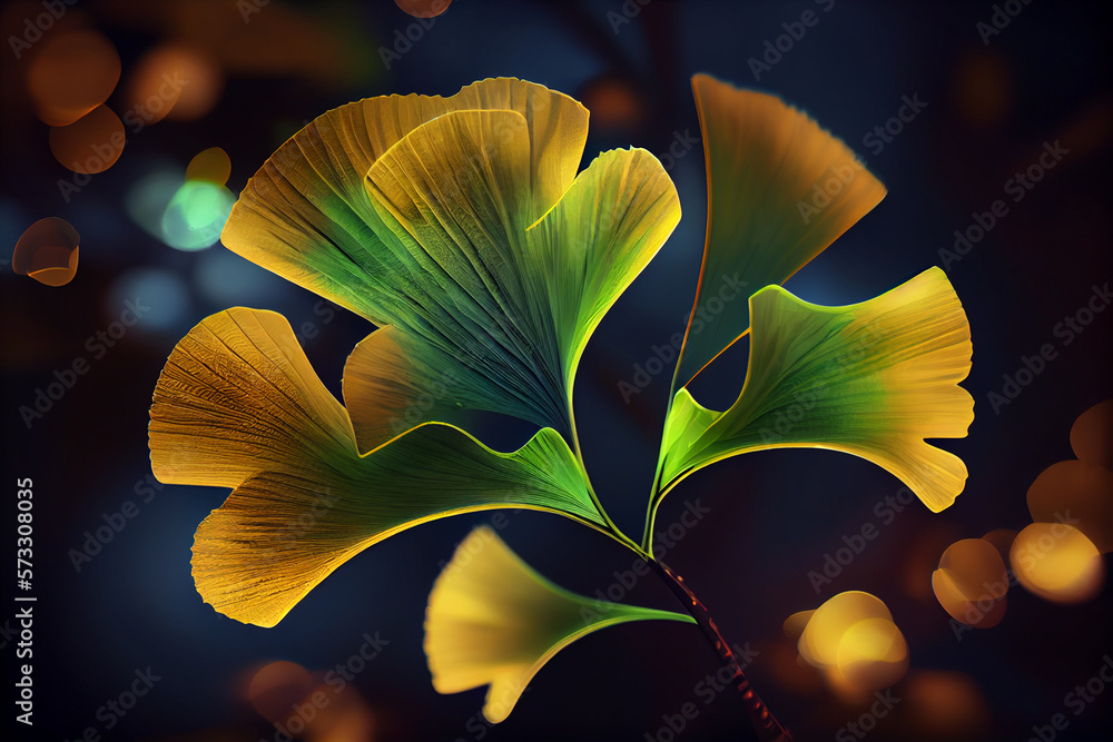 Poster beautiful abstract illustrations ginkgo biloba leaf with lights on a bright bokeh background.