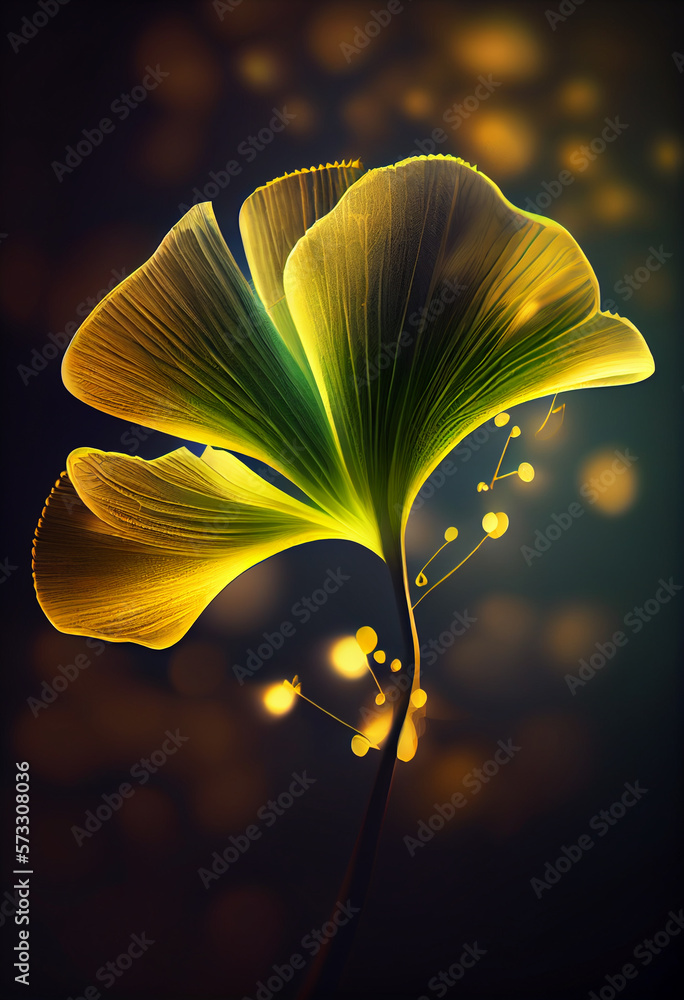 Poster beautiful abstract illustrations ginkgo biloba leaf with lights on a bright bokeh background.
