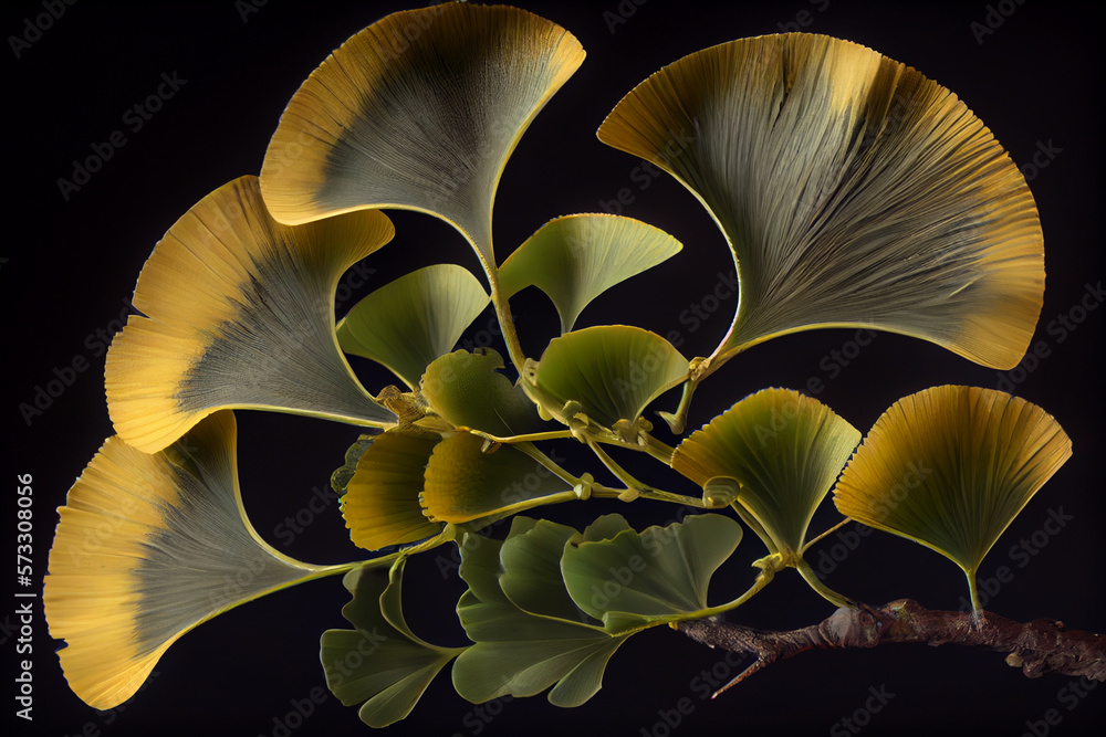Poster beautiful abstract illustrations ginkgo biloba leaf with lights on a bright bokeh background.