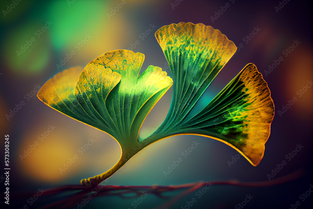 Poster Beautiful abstract illustrations Ginkgo biloba leaf with lights on a bright bokeh background. 