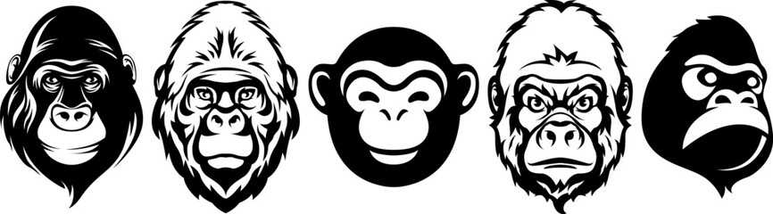 Hand drawn face of monkey. Gorilla illustration mascot art set.
