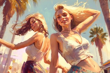 Attractive girls in bikini clubbing at the hot summer vacation dance party. Palm trees on background. 