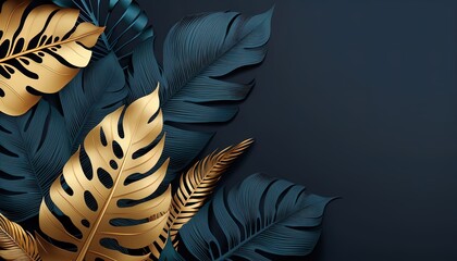 Luxury floral background with golden and blue palm, monstera leaves on dark background with empty space for text.