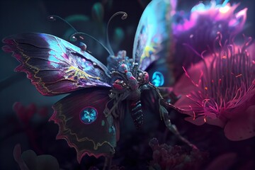 A close-up view of a beautiful butterfly and colorful flowers. Created with Generative AI Technology