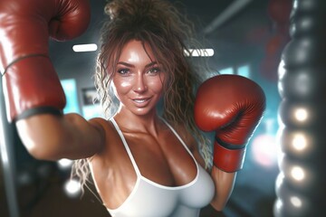 Beautiful caucasian woman in sportive top with boxing gloves. Lush blond hair. Fight, fitness, active lifestyle concept - obrazy, fototapety, plakaty