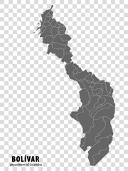 Blank map Bolivar Department of Colombia. High quality map Bolivar  with municipalities on transparent background for your web site design, logo, app, UI. Colombia.  EPS10. - obrazy, fototapety, plakaty