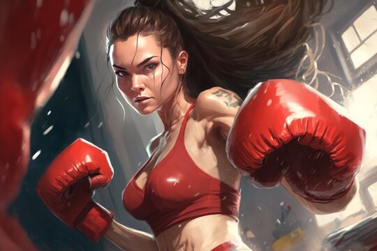Beautiful caucasian woman in sportive top with boxing gloves. Punching bag. Lush hair. Fight, fitness, active lifestyle concept