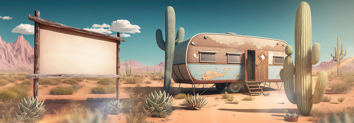 abandoned or old retro caravan living in the middle of the desert with cactus and blank billboard sign as wide banner copy space area - obrazy, fototapety, plakaty