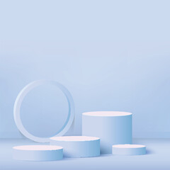 3d blue color podium and minimal blue color wall scene. 3d podium minimal abstract background. Pastel color abstract room design. Vector