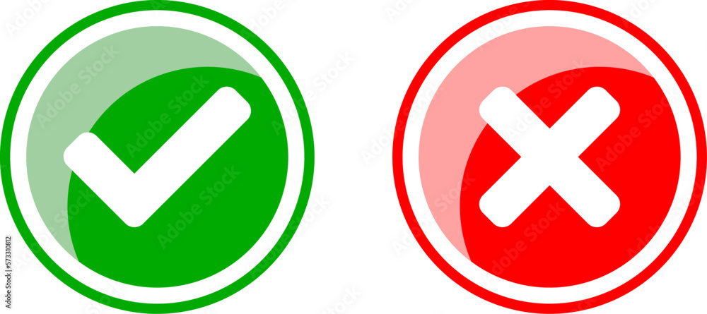 Poster yes and no or right and wrong or approved and declined icons with check mark and x signs with 3d shi