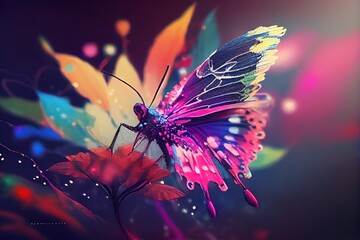 Fototapeta na wymiar A close-up view of a beautiful butterfly and colorful flowers. Created with Generative AI Technology