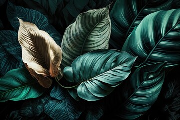floral background with green blue palm, monstera leaves on dark background - obrazy, fototapety, plakaty